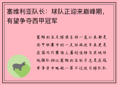塞维利亚队长：球队正迎来巅峰期，有望争夺西甲冠军