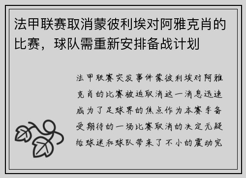 法甲联赛取消蒙彼利埃对阿雅克肖的比赛,球队需重新安排备战计划